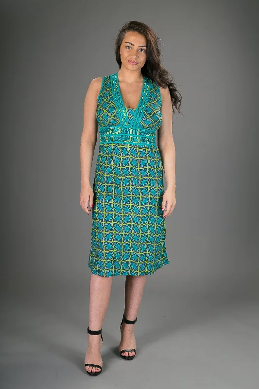 Olivia Cotton Dress Green Geometric Print Elegant Long Evening