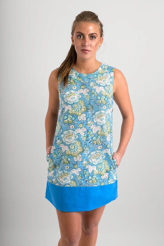 60s Style Cotton Dress Blue Floral Print with Pockets Tunics Gym athletic