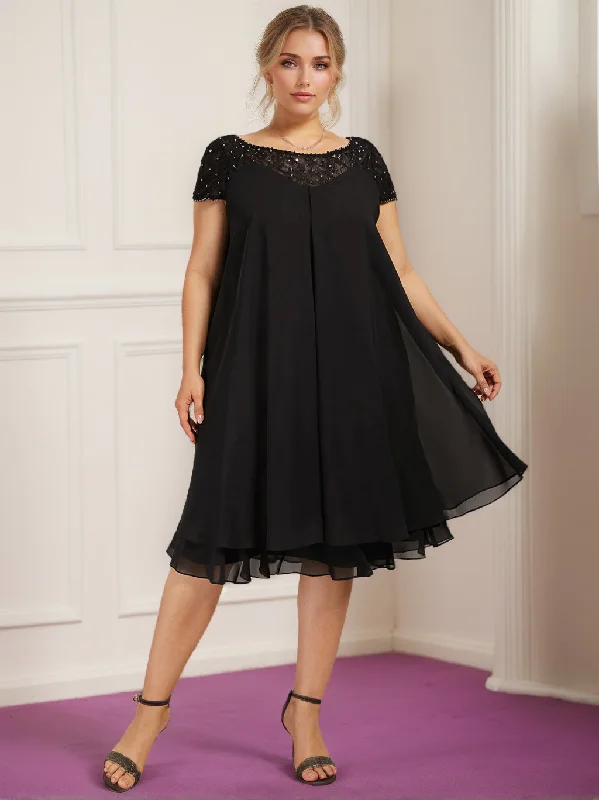A-Line/Princess Scoop Illusion Neck Short Sleeves Knee-Length Plus Size Mother of the Bride Dresses with Beads & Sequins Tunics Luxurious high-end A-Line/Princess Scoop Illusion Neck Short Sleeves Knee-Length Plus Size Mother of the Bride Dresses with Beads & Sequins Tunics Luxurious high-end