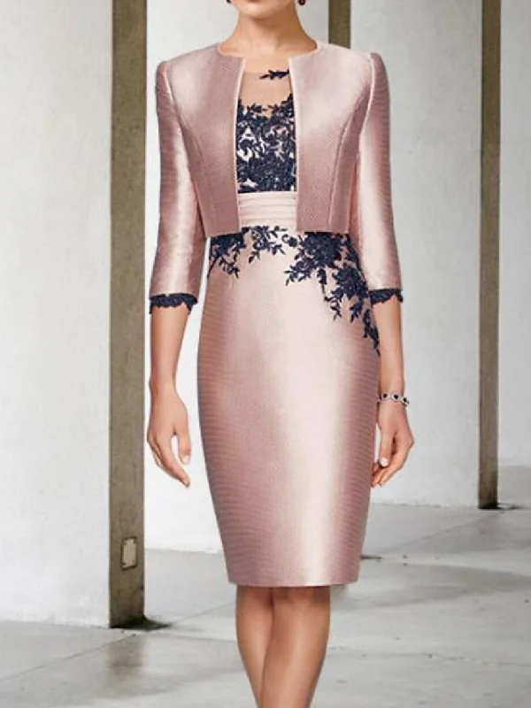 Two Piece Sheath/Column 3/4 Sleeve knee-Length Mother of the Bride Dresses with Appliques Color Block 2024 Cowl Neckline Elegant Two Piece Sheath/Column 3/4 Sleeve knee-Length Mother of the Bride Dresses with Appliques Color Block 2024 Cowl Neckline Elegant