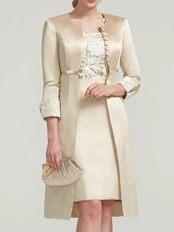 Sheath / Column Square Neck Knee Length Satin Lace Short Sleeve Mother of the Bride Dress with Pleats Appliques Tunics Gym athletic Sheath / Column Square Neck Knee Length Satin Lace Short Sleeve Mother of the Bride Dress with Pleats Appliques Tunics Gym athletic