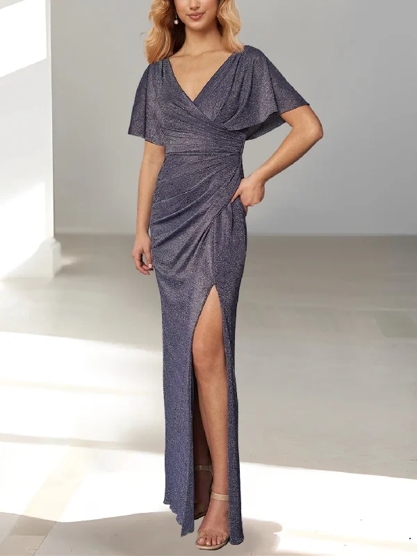 Sheath/Column Draped Sleeve Plunging Neck Floor-Length Mother of the Bride Dresses with Split Tunics Fall fleece Sheath/Column Draped Sleeve Plunging Neck Floor-Length Mother of the Bride Dresses with Split Tunics Fall fleece