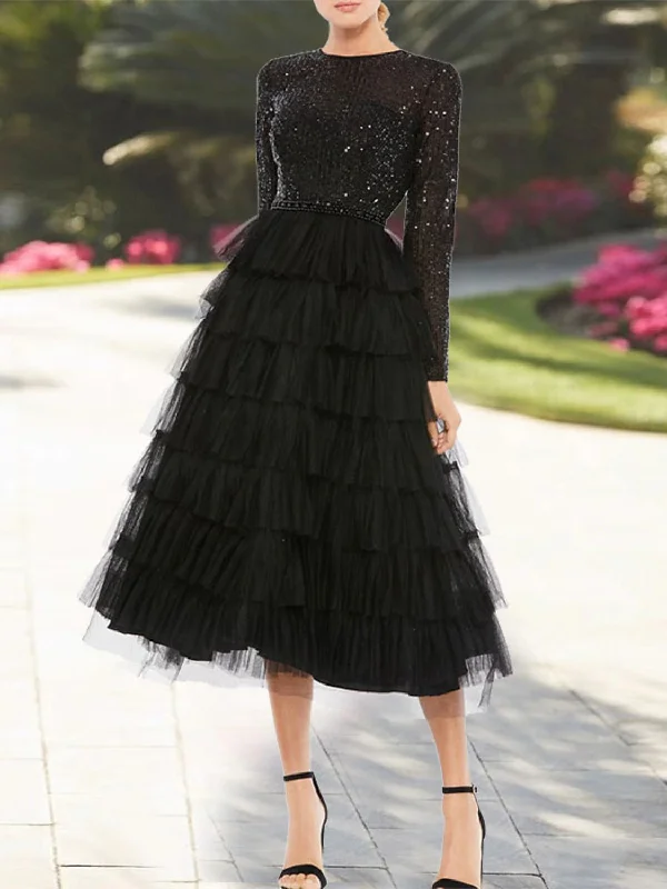 A-Line Jewel Neck Long Sleeve Tea Length Mother of the Bride Dresses with Sequin Tiered Tunics Plaid country