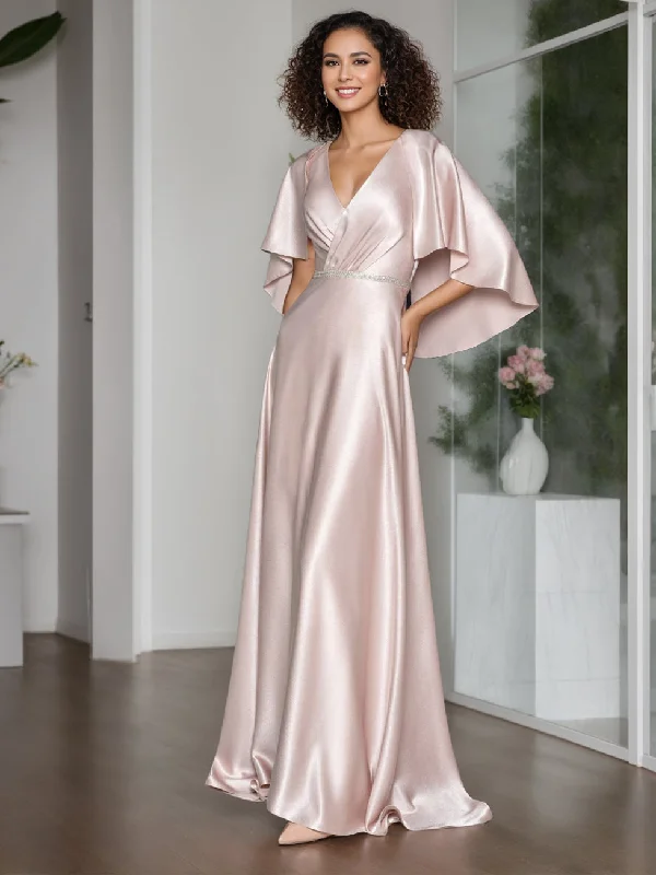A-Line/Princess Elegant V-Neck Short Cape Sleeves Floor-Length Mother of the Bride Dresses with Ruffle Tunics Plaid country A-Line/Princess Elegant V-Neck Short Cape Sleeves Floor-Length Mother of the Bride Dresses with Ruffle Tunics Plaid country