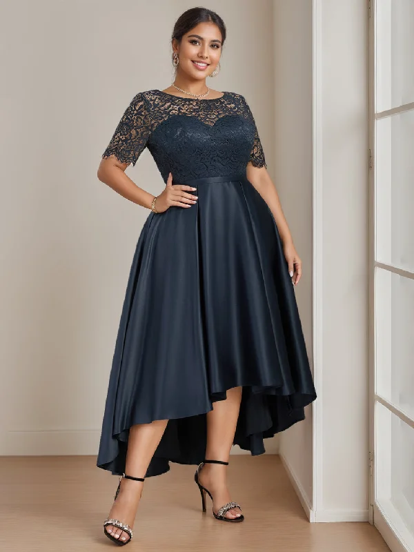 A-Line/Princess Round Neck Short Sleeves Asymmetrical Plus Size Mother of the Bride Dress with Appliques Tunics Chinos classic A-Line/Princess Round Neck Short Sleeves Asymmetrical Plus Size Mother of the Bride Dress with Appliques Tunics Chinos classic