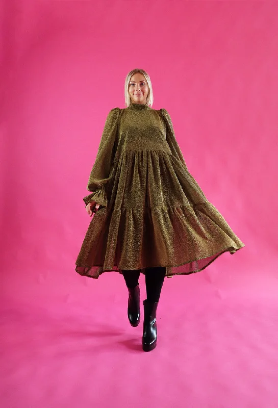 Dishy Dress With Bow Collar Glitter Gold A-Line Day Work