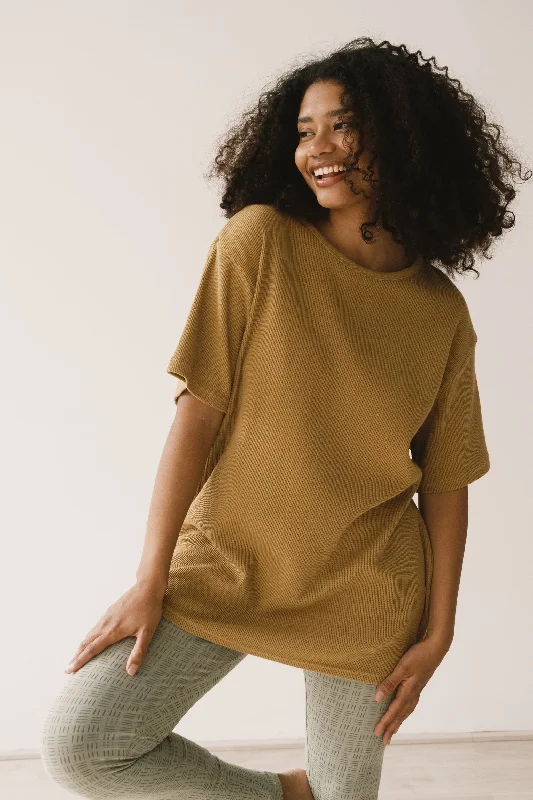 Harmony waffle Unisex T-Shirt in mustard-- Notch Collar Peter Pan Collar Cowl Neck