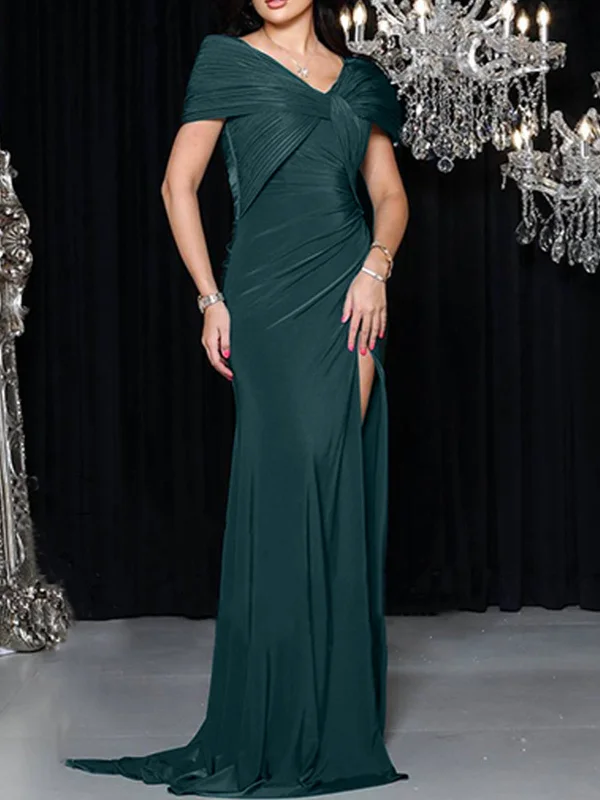 Trumpet/Mermaid Floor-Length V-Neck Sleeveless Silk Like Satin Mother Of The Bride Dresses With High Split A-Line Day Work Trumpet/Mermaid Floor-Length V-Neck Sleeveless Silk Like Satin Mother Of The Bride Dresses With High Split A-Line Day Work