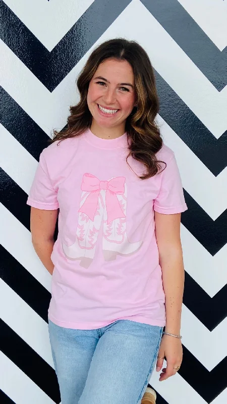 Pink Bow & Boot T-shirt-- Mesh Blend Leather Blend Suede Blend