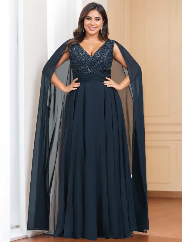 A-Line/Princess V-Neck Sleeveless Floor length Plus Size Mother of the Bride Dresses with Sequins & Watteau Train Tunics Yoga stretchy A-Line/Princess V-Neck Sleeveless Floor length Plus Size Mother of the Bride Dresses with Sequins & Watteau Train Tunics Yoga stretchy