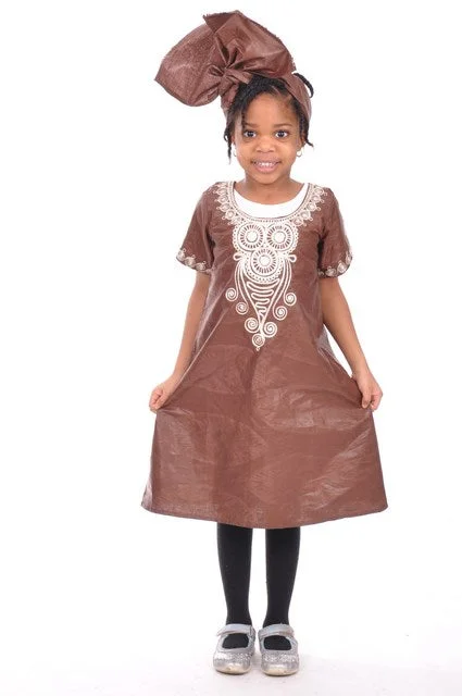 Brown Brocade Girls Dress with Beige Embroidery-DPC3334 Tunics Distressed trendy