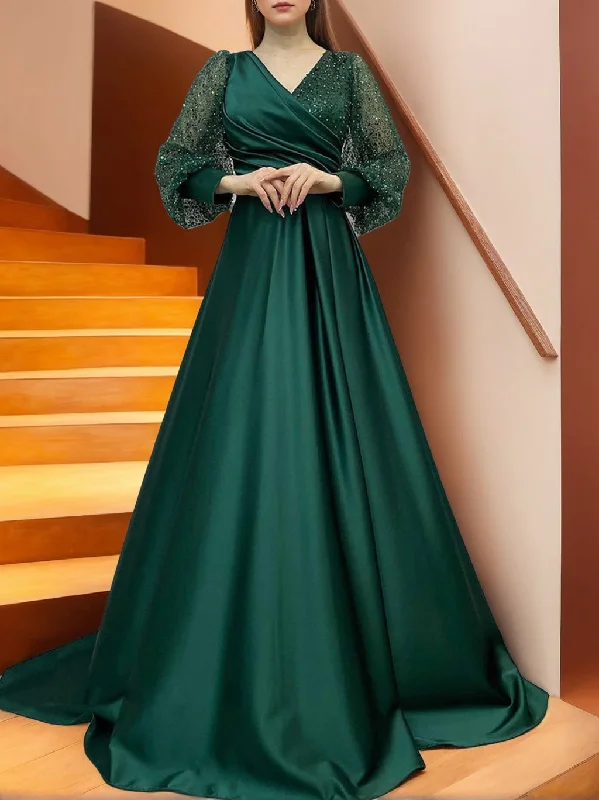 A Line/Princess V-Neck Long Sleeves Floor Length Long Mother of the Bride Dresses With Sequins & Ruffles Tunics Sophisticated sleek A Line/Princess V-Neck Long Sleeves Floor Length Long Mother of the Bride Dresses With Sequins & Ruffles Tunics Sophisticated sleek