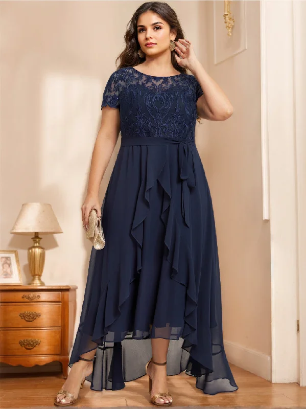 A-Line/Princess Scoop Neck Short Sleeves Asymmetrical Unique Plus Size Mother of the Bride Dresses with Bow, Ruffles & Sequins Tunics Stylish modern A-Line/Princess Scoop Neck Short Sleeves Asymmetrical Unique Plus Size Mother of the Bride Dresses with Bow, Ruffles & Sequins Tunics Stylish modern