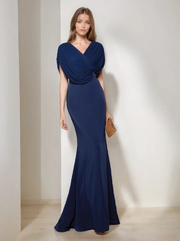 Trumpet/Mermaid V-Neck Short Sleeves Floor-Length Mother of the Bride Dresses with Ruffles & Sequins Tunics Trendy modern Trumpet/Mermaid V-Neck Short Sleeves Floor-Length Mother of the Bride Dresses with Ruffles & Sequins Tunics Trendy modern