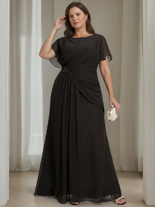 A-Line/Princess Round Neck Short Sleeves Floor-Length Plus Size Mother of the Bride Dresses with Ruffles Tunics Running lightweight A-Line/Princess Round Neck Short Sleeves Floor-Length Plus Size Mother of the Bride Dresses with Ruffles Tunics Running lightweight