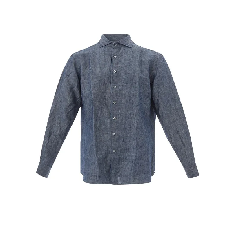 Elegant Flax Blue Shirt For Men-- Striped Floral Plaid