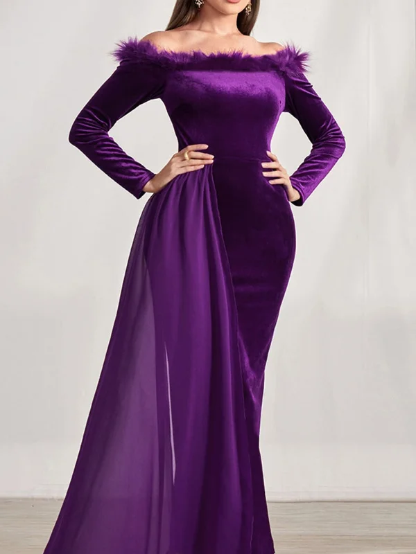 Sheath/Column Off-the-Shoulder Long Sleeves Asymmetrical Mother of the Bride & Groom Dresses with Feather Tunics Polka dots Sheath/Column Off-the-Shoulder Long Sleeves Asymmetrical Mother of the Bride & Groom Dresses with Feather Tunics Polka dots
