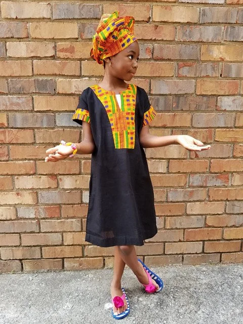 Black Dress with Kente Trim-DPC3255 Tunics stripes playful