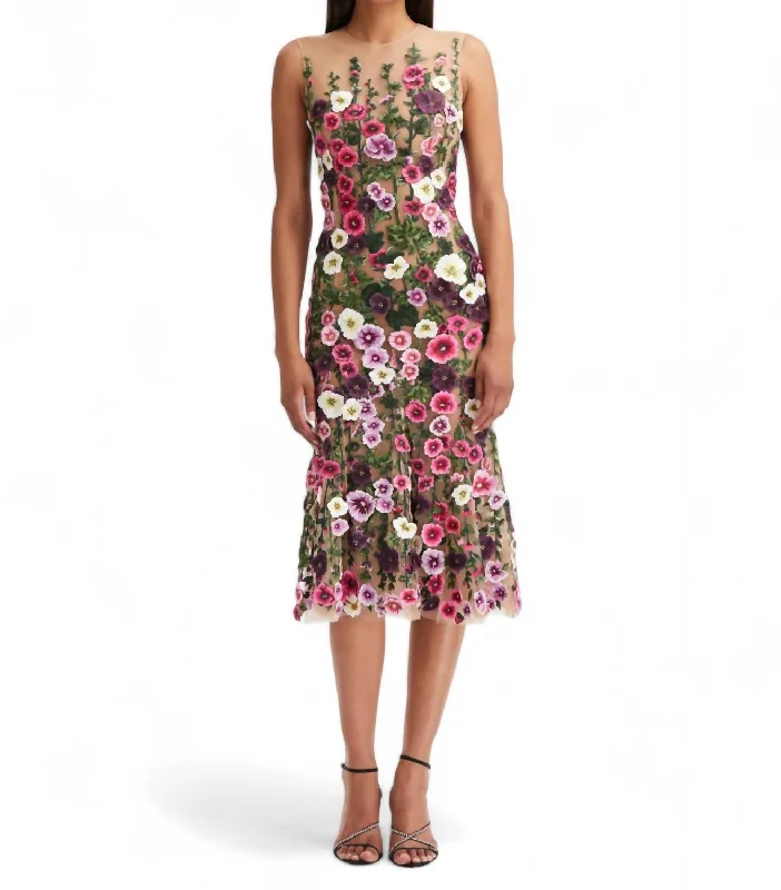 Illusion Neck Hollyhocks Threadwork Tulle Dress In Multi Tunics Sophisticated sleek