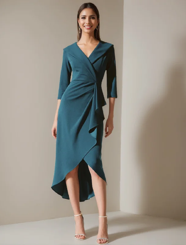 A-Line/Princess V-Neck 3/4 Sleeves Asymmetrical Mother of the Bride Dresses with Ruffle Tunics Print Colorful A-Line/Princess V-Neck 3/4 Sleeves Asymmetrical Mother of the Bride Dresses with Ruffle Tunics Print Colorful
