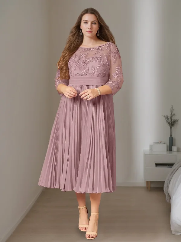 A-Line/Princess Scoop Neck 3/4 Length Sleeves Tea-Length Plus Size Mother of the Bride Dresses with Ruffles Tunics Party sparkling A-Line/Princess Scoop Neck 3/4 Length Sleeves Tea-Length Plus Size Mother of the Bride Dresses with Ruffles Tunics Party sparkling