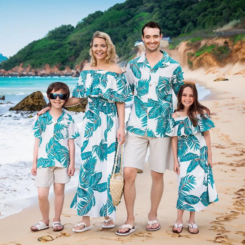 Family Matching Outfits - White Dresses with Green Leaves and Matching Shirts Tunics Trendy modern Family Matching Outfits - White Dresses with Green Leaves and Matching Shirts Tunics Trendy modern
