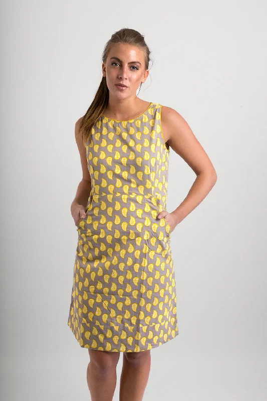 Cotton Dress Grey Yellow Print with Pockets Tunics Trousers formal