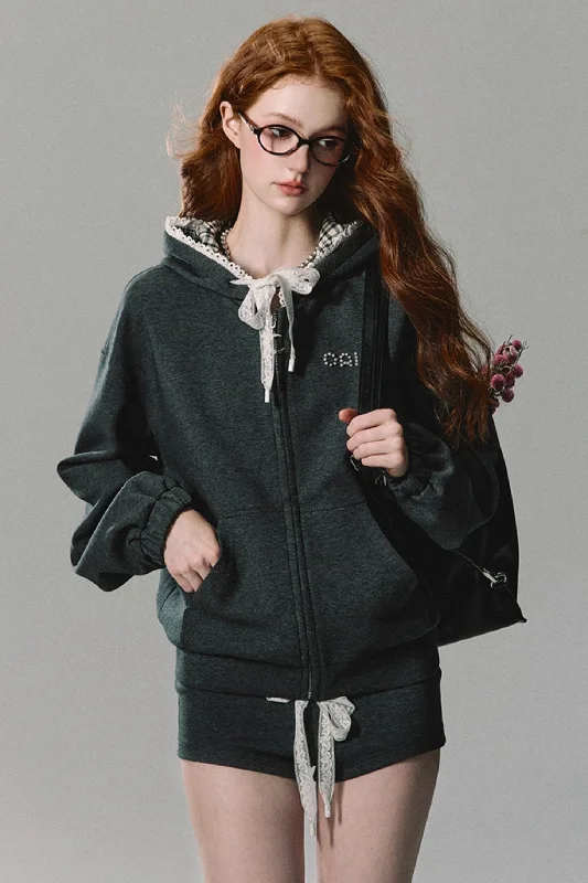Lace-Trim Athletic Hoodie Set-Up Hoodie with Drop Shoulder Relaxed Streetwear