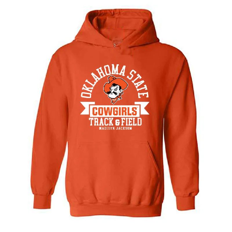 Oklahoma State - NCAA Women's Track & Field : Madisyn Jackson - Classic Fashion Shersey Hooded Sweatshirt Hoodie with Hem Frayed Vintage Worn Oklahoma State - NCAA Women's Track & Field : Madisyn Jackson - Classic Fashion Shersey Hooded Sweatshirt Hoodie with Hem Frayed Vintage Worn