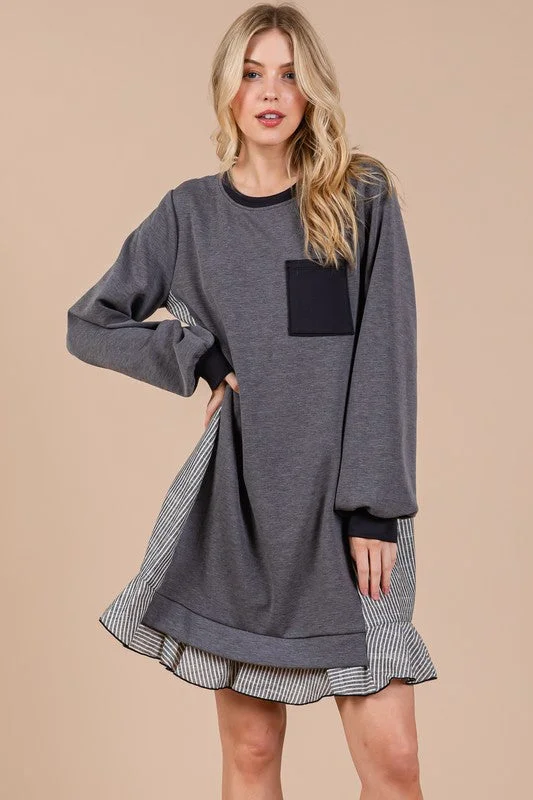 Ces Femme Striped Patchwork Round Neck Terry Sweatshirt Dress Hoodie with Embroidery Detailed Premium Ces Femme Striped Patchwork Round Neck Terry Sweatshirt Dress Hoodie with Embroidery Detailed Premium