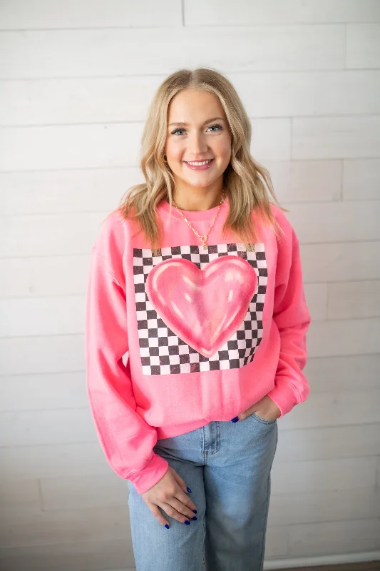 Neon Pink Checkered Heart Sweatshirt Hoodie with Zipper Versatile Modern