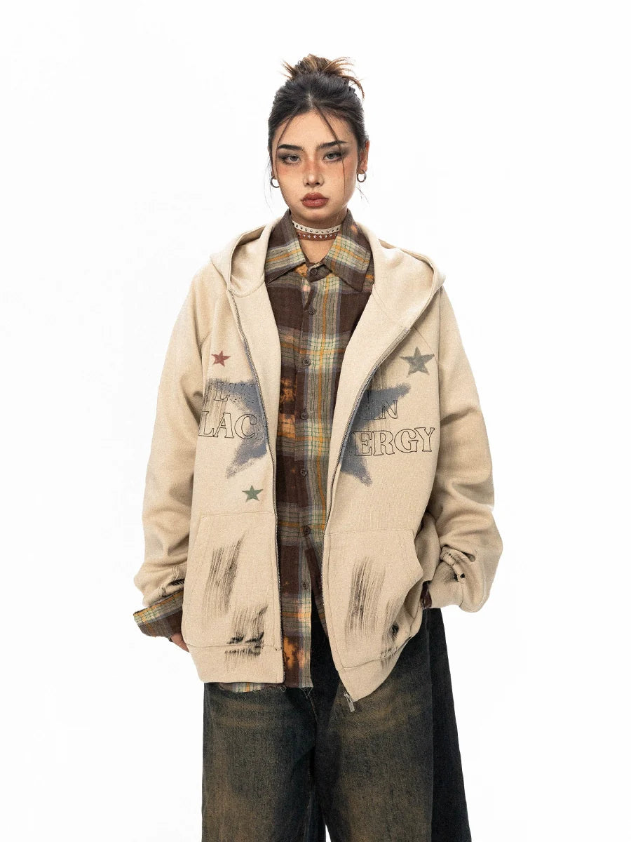 Painted Distressed Star Graphic Hoodie Hoodie with Batwing Sleeves Loose Dramatic