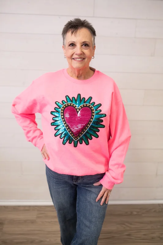 Sequenced Heart Sweatshirt-Pink Hoodie with Thumb Holes Functional Cozy