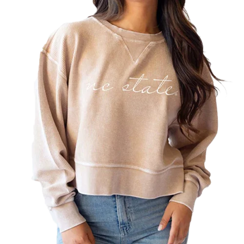 NC State Wolfpack Women's Latte Corded Script Waist Length Crewneck Sweatshirt Hoodie with Patch Decorative Personalized NC State Wolfpack Women's Latte Corded Script Waist Length Crewneck Sweatshirt Hoodie with Patch Decorative Personalized
