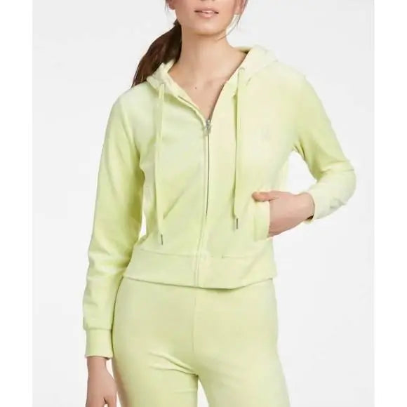 Velour Hoodie in Candy Green Hoodie with Button Classic Timeless