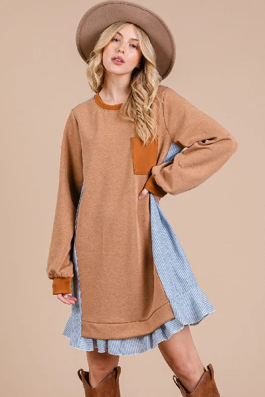 Striped Patchwork Oversized Sweatshirt Dress Hoodie with Drawstring Waist Adjustable Fitted Striped Patchwork Oversized Sweatshirt Dress Hoodie with Drawstring Waist Adjustable Fitted