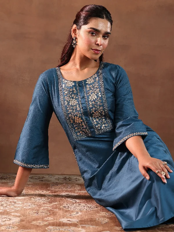 Blue Yoke Design Silk Blend A-Line Kurta With Trousers Trousers luxurious premium