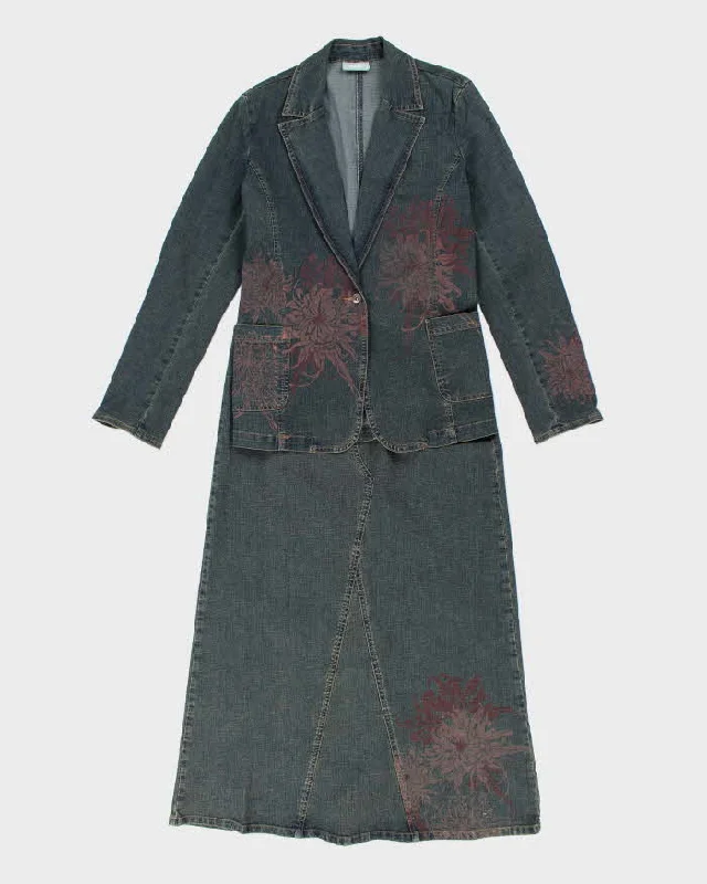 Vintage Y2k 00s Wallis Denim Blazer & Denim Maxi Skirt Two Piece - M Women's Elegant Blazer