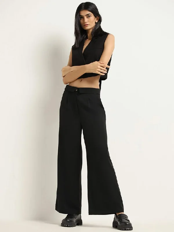 Nuon Plain Black Cotton Trousers Trousers Culottes Wide Leg