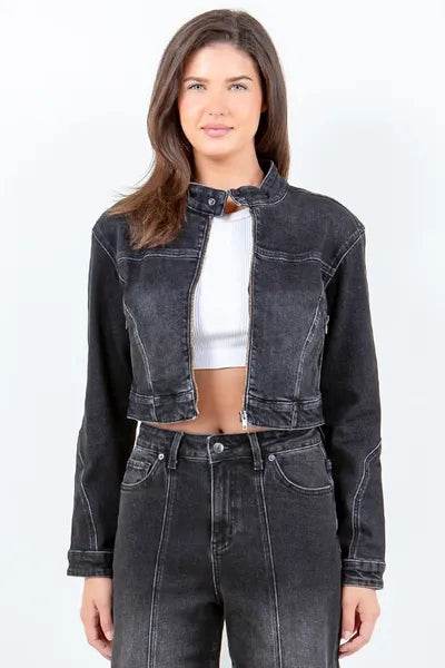 American Bazi Zip Up Cropped Denim Rider Jacket Front Pockets Side Pockets Patch Pockets American Bazi Zip Up Cropped Denim Rider Jacket Front Pockets Side Pockets Patch Pockets
