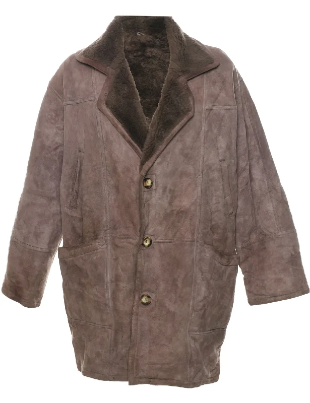 Light Brown Shearling Suede Jacket - XL Boat Neck Shawl Collar Notched Collar