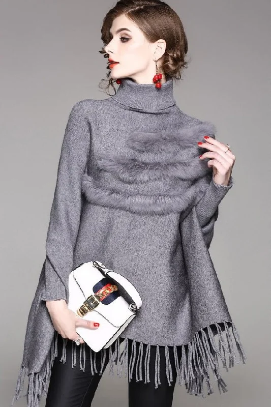 Dolman Sleeve Sweater W/ Fringe Solid Print Embellished
