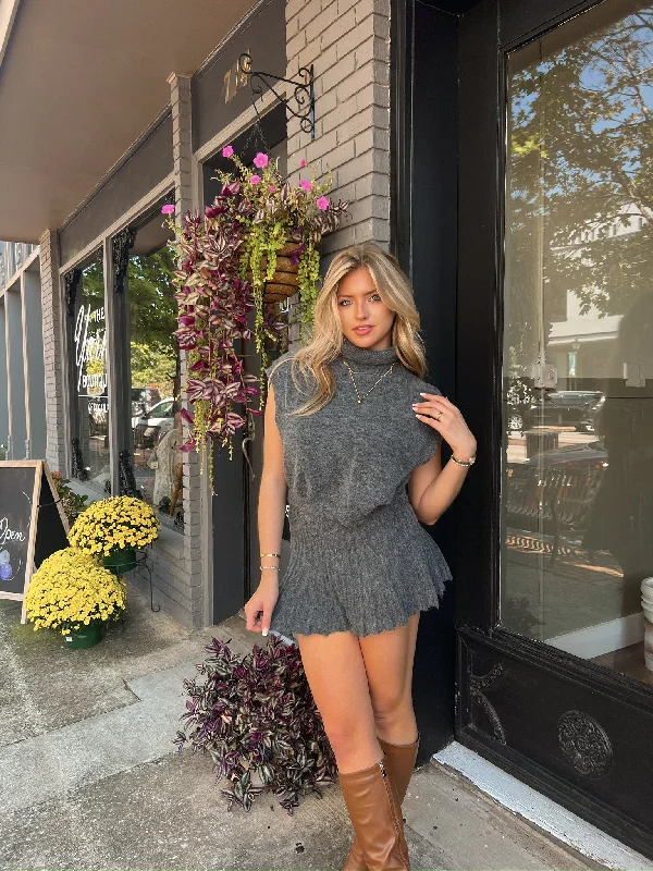 Charcoal Turtleneck Sleeveless Sweater Top Terry Blend Velvet Blend Canvas Blend