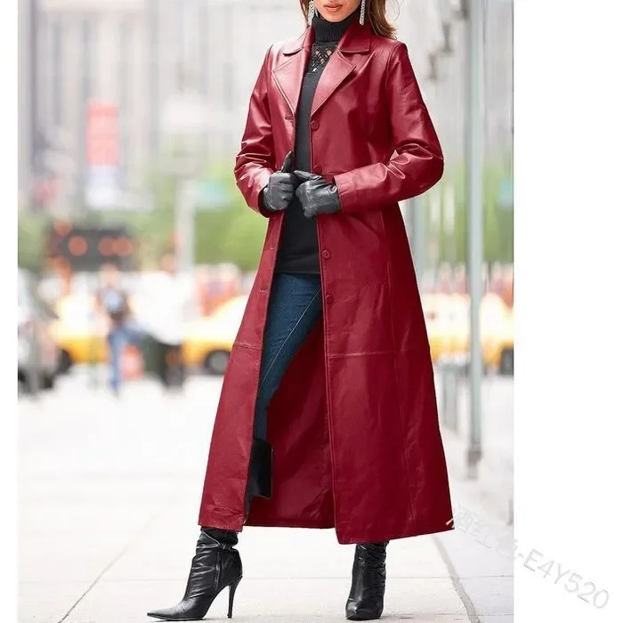Women Fashion Solid Color PU Long Coat Jersey Tulle Batik