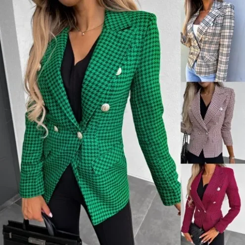 Women Fashion Plaid Print Long Sleeve Blazer Coat Women's Warm Suit