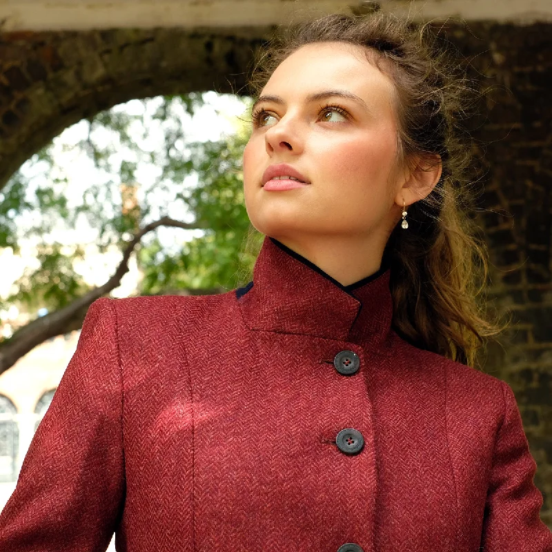 Fitted Tweed Coat in Rust Herringbone Hooded Caped Scarf
