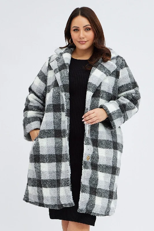 Multi Check Oversized Coat Chunky Plaid Teddy Lined Front Pockets Side Pockets Patch Pockets Multi Check Oversized Coat Chunky Plaid Teddy Lined Front Pockets Side Pockets Patch Pockets
