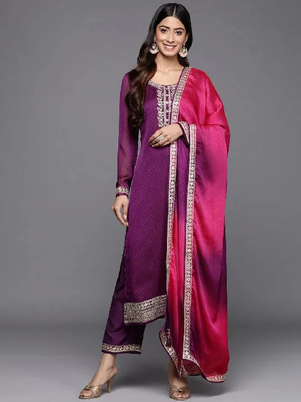 Purple Printed Chiffon Straight Kurta With Trousers & Dupatta Trousers Occasion Special