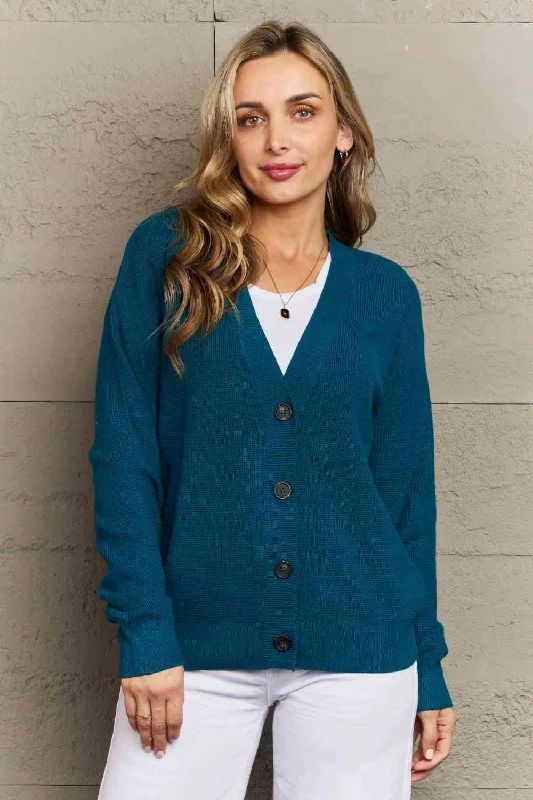 Full Size Button Down Cardigan in Teal Cable Knit Ribbed Knit Lace Knit