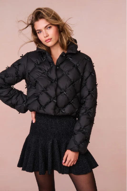 Kasey Quilted Bow-Embellished Jacket Fleece Fabric Down Fabric Feather Fabric